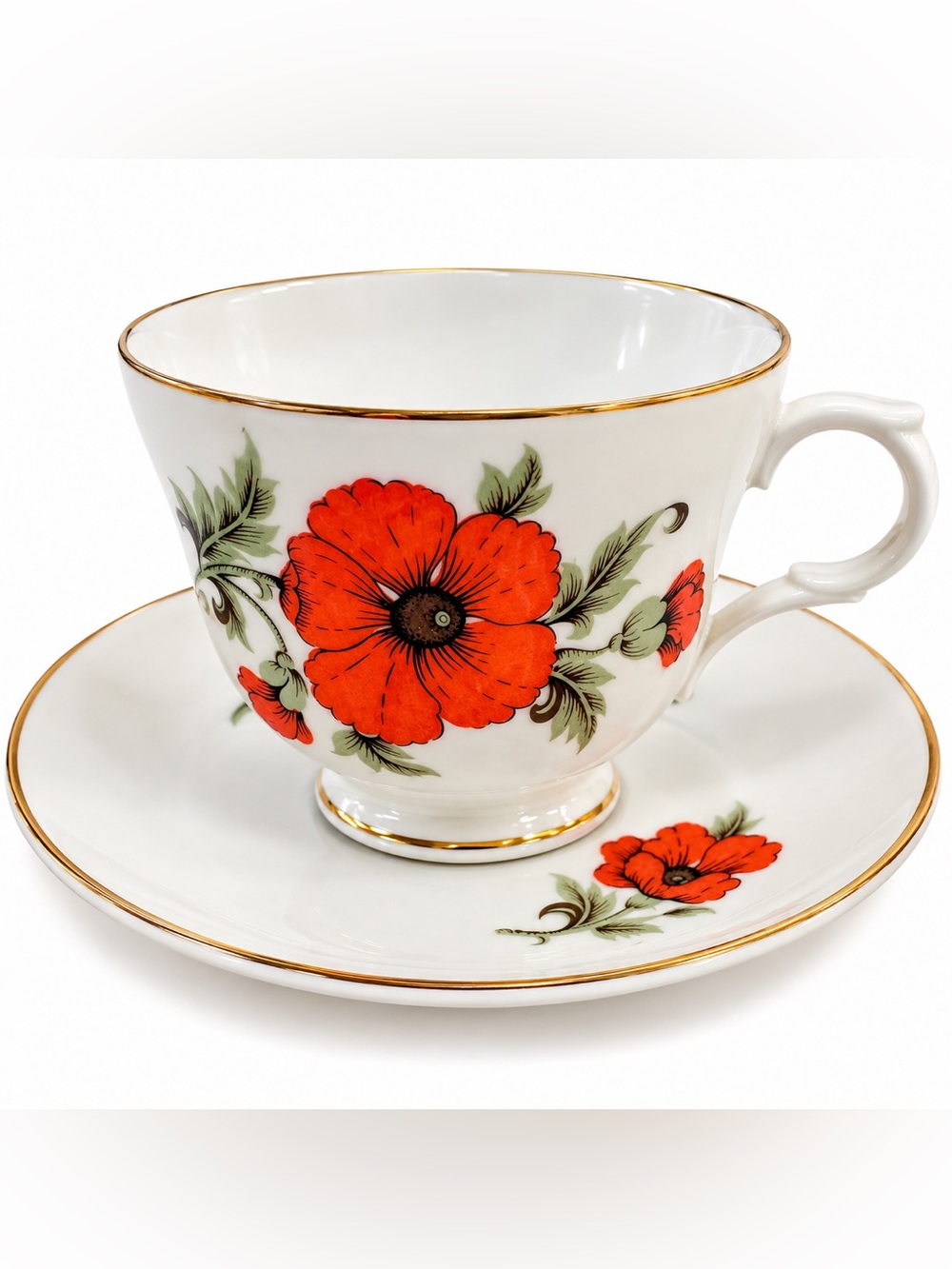 Vintage Crown Trent England Fine Bone China Teacup & Saucer Red Poppy Floral